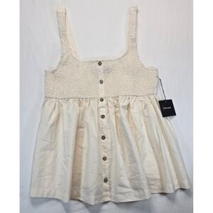 Blanque Women XL Cream Smocked Babydoll Top Button Front 100% Cotton NWT